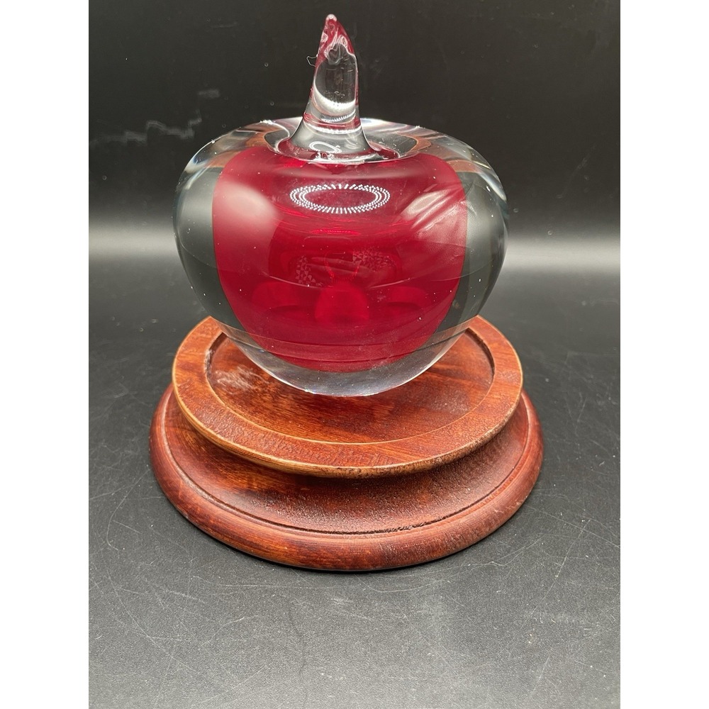 Vtg Art Glass Red Apple Fruit Sculpture Hand Blown Paperweight Clear 4" - Picture 7 of 9